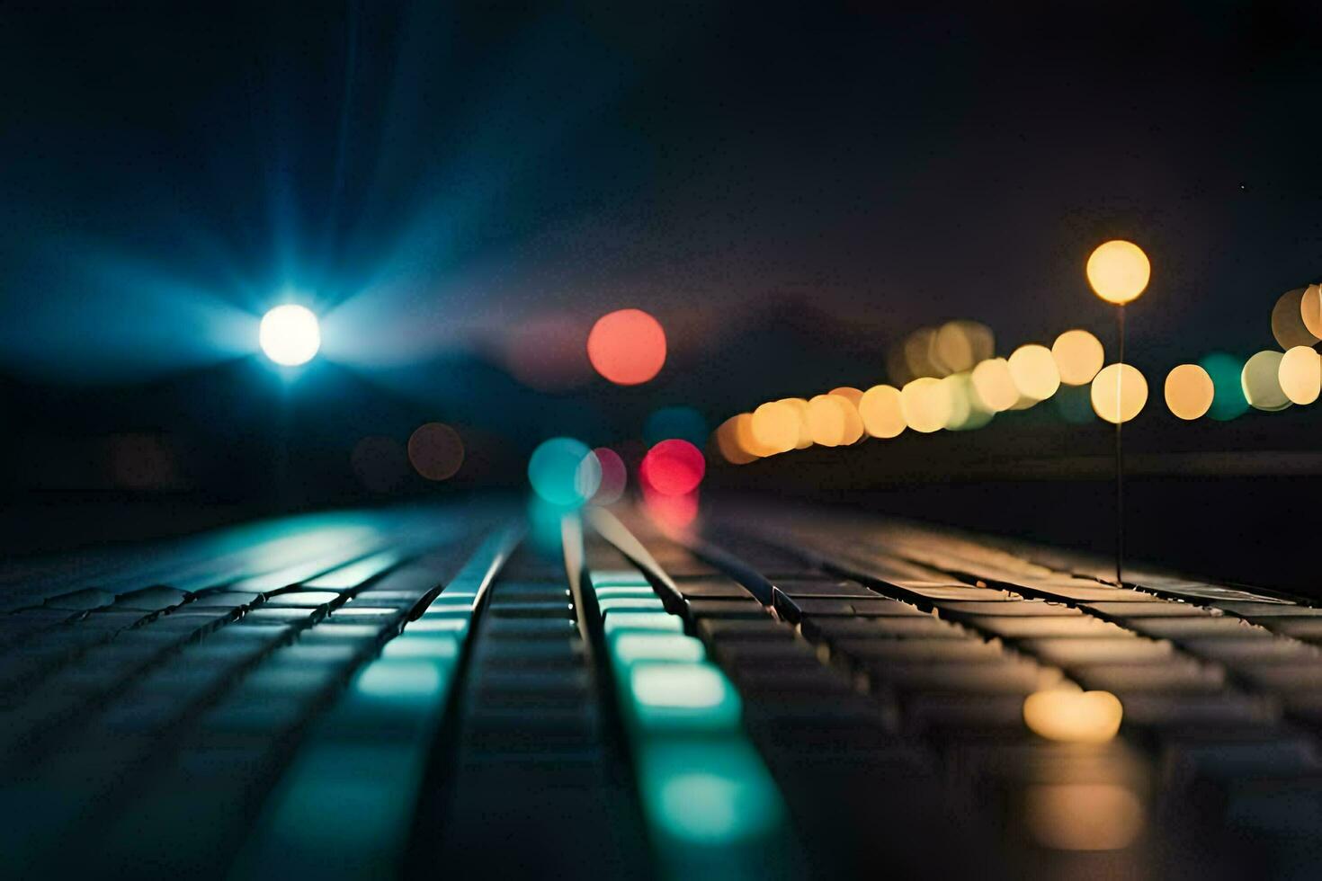 a night shot of a city street with lights. AI-Generated photo
