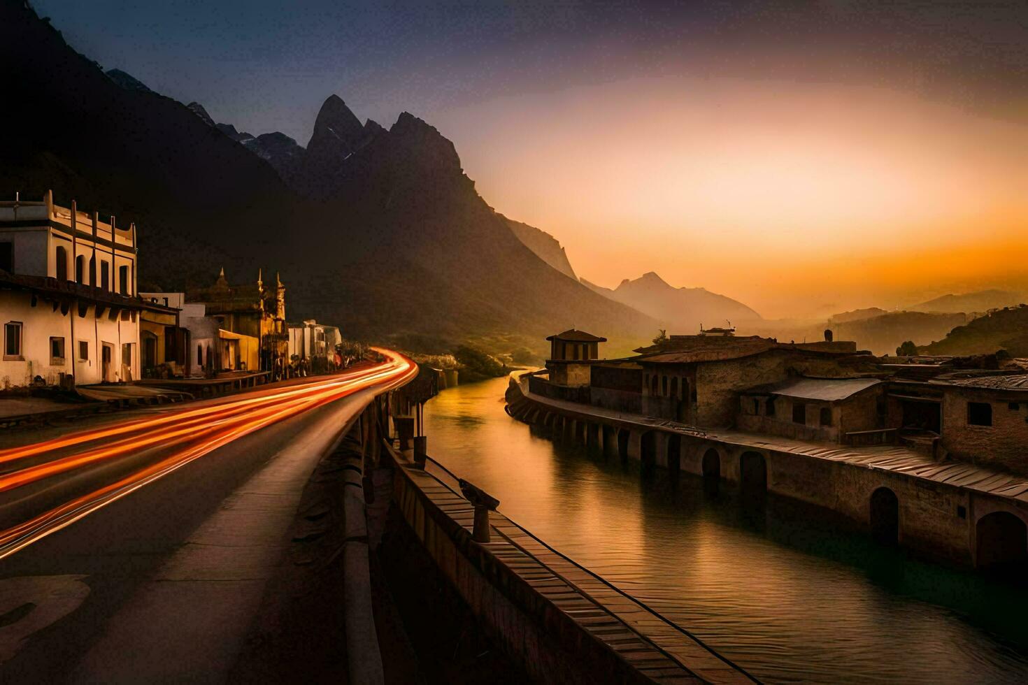 un largo exposición fotografía de un río y edificios a puesta de sol. generado por ai foto