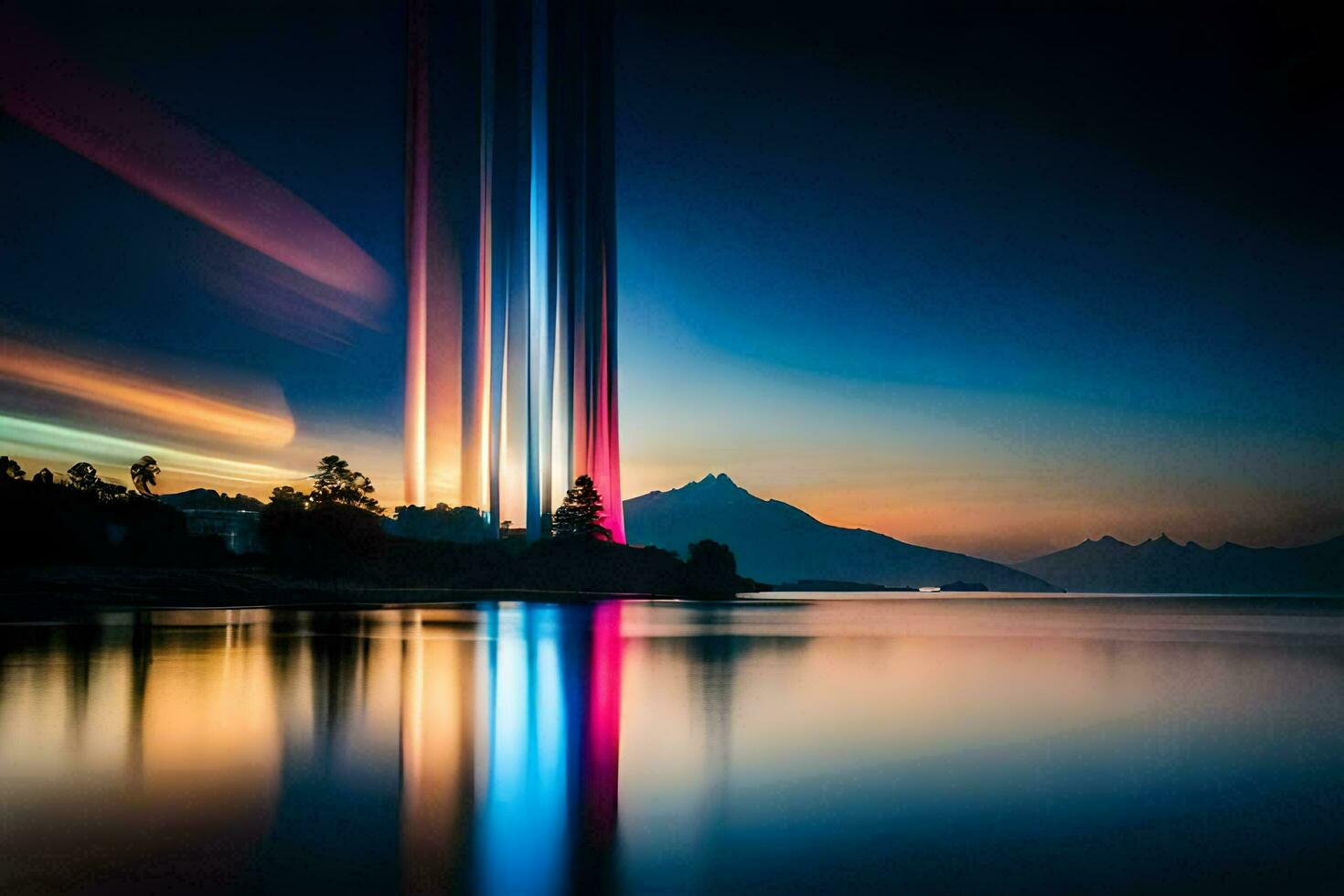 a long exposure photograph of a mountain and water. AI-Generated photo