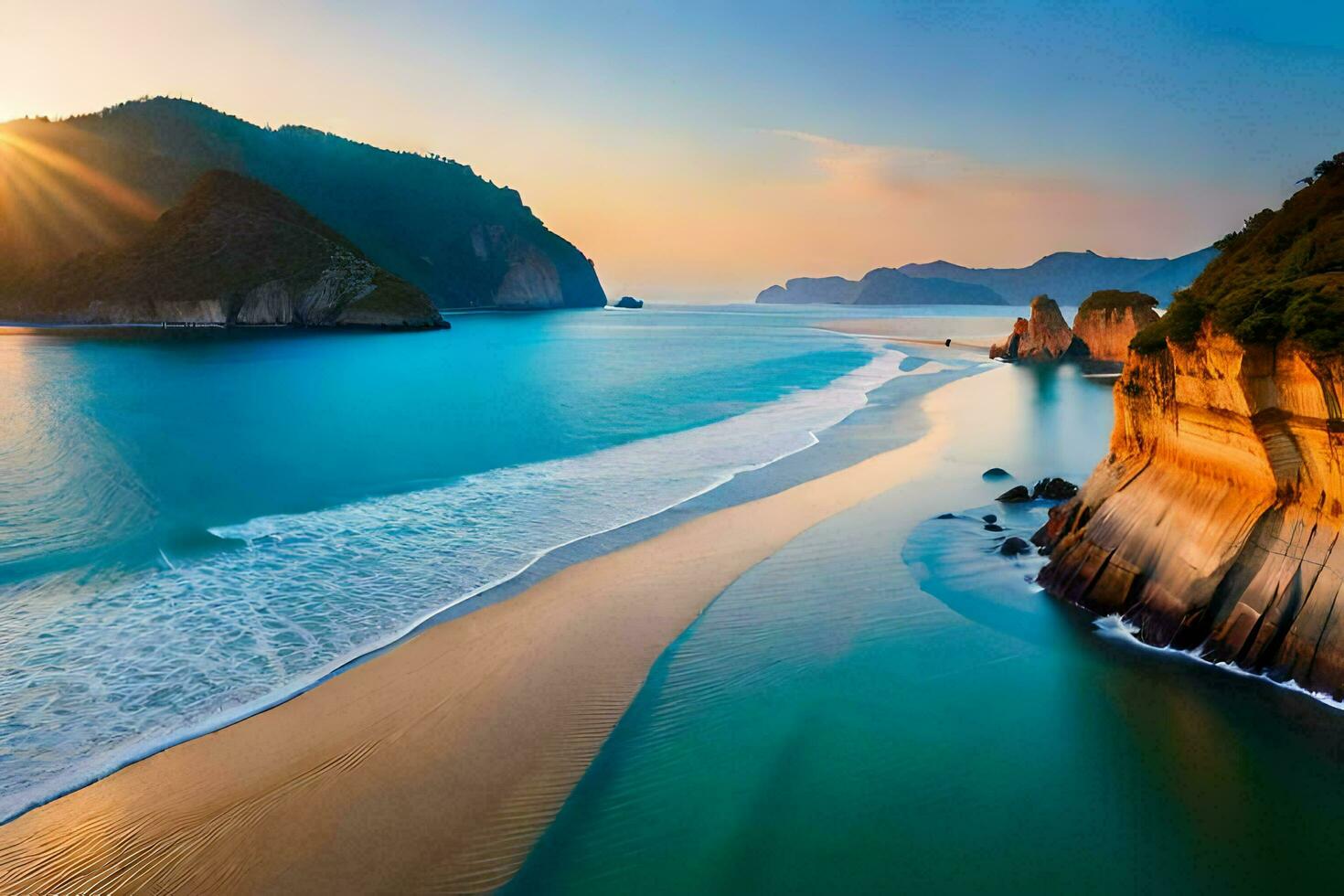 the sun sets over the ocean and cliffs. AI-Generated photo