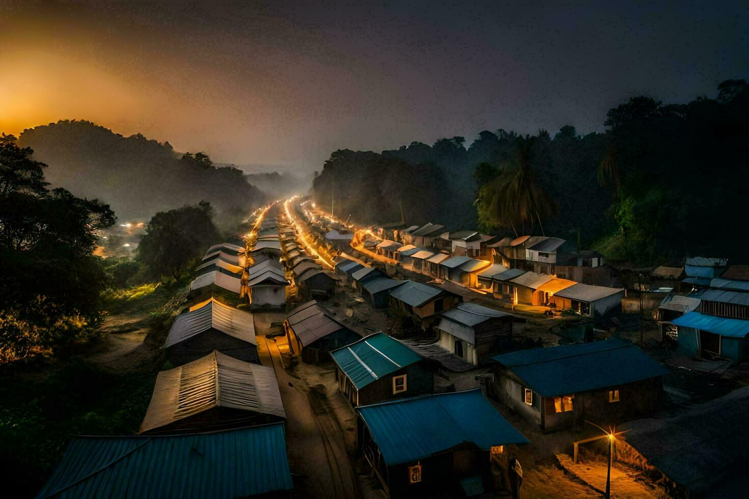 a village at dusk in the rainforest. AI-Generated photo