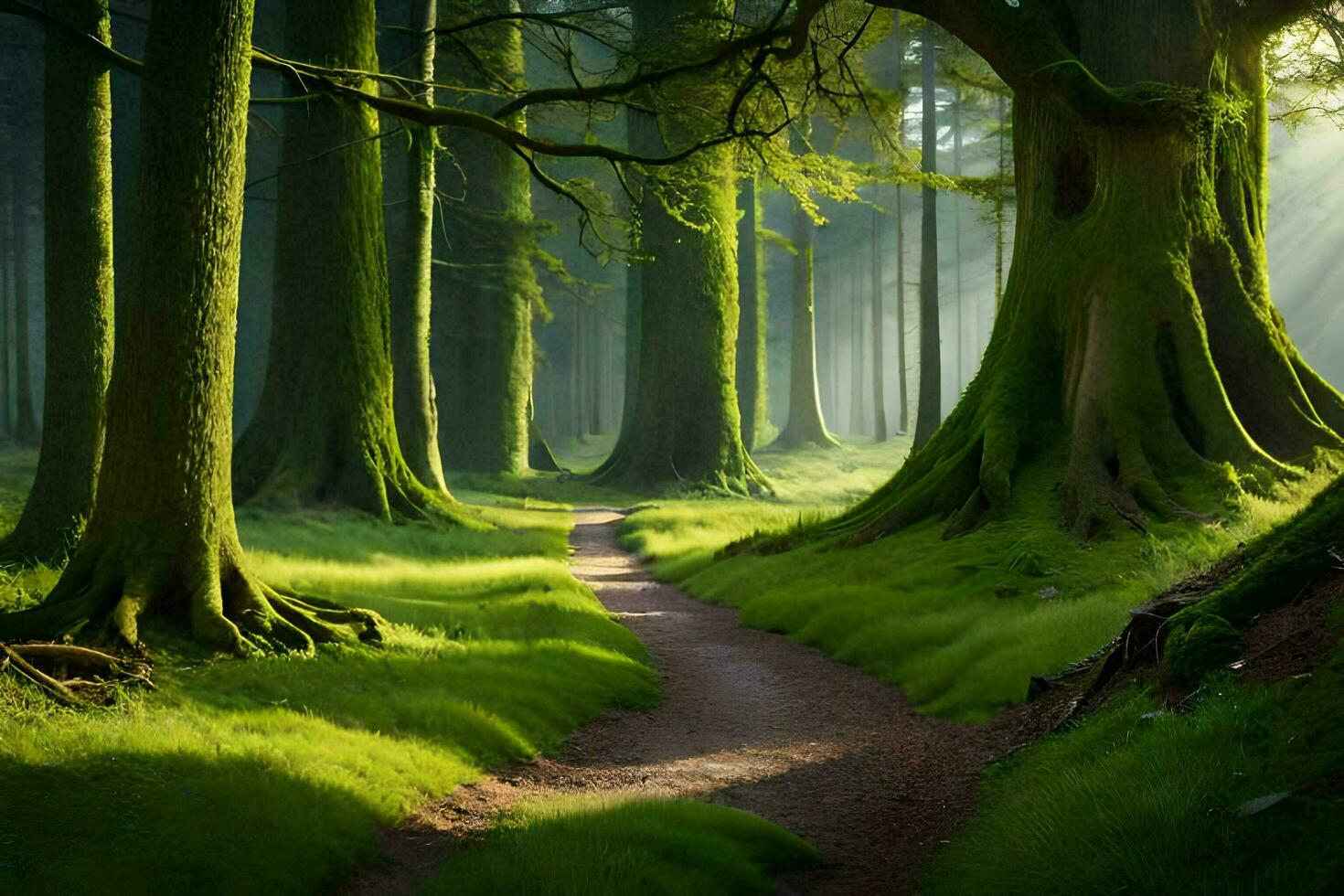 a path through a forest with trees and grass. AI-Generated photo