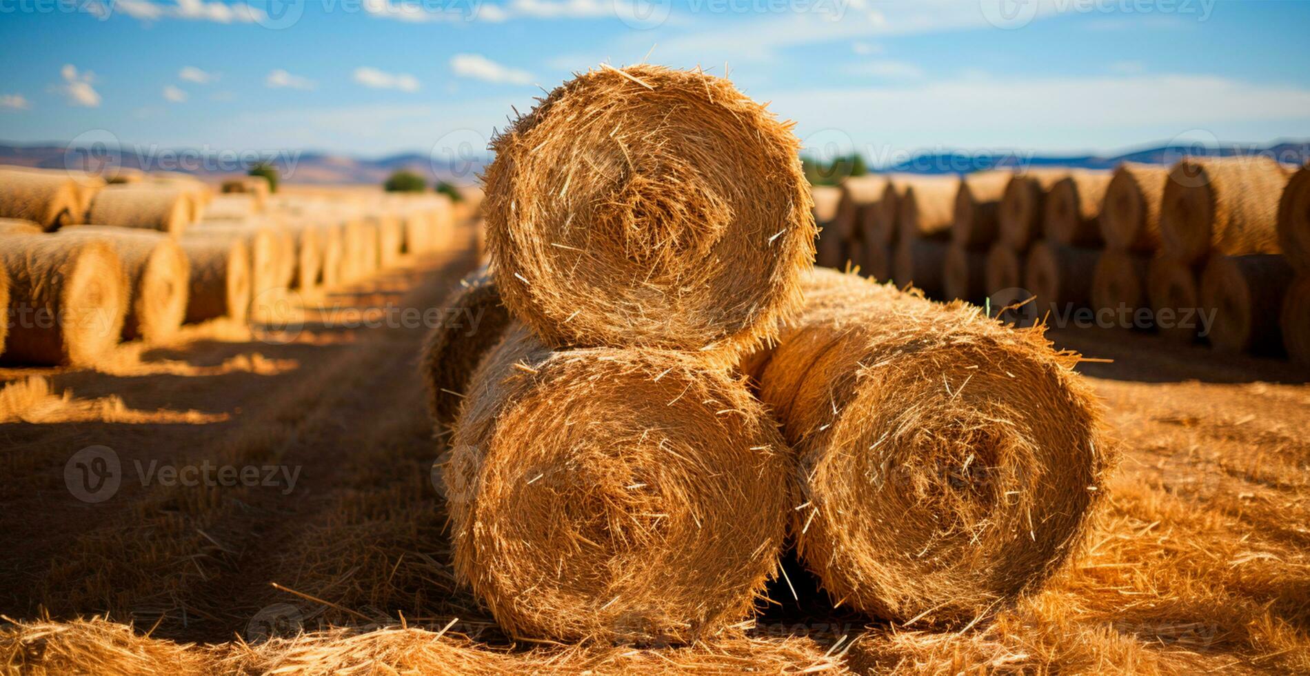 Freshly cut hay in rolls lying in a field - AI generated image photo