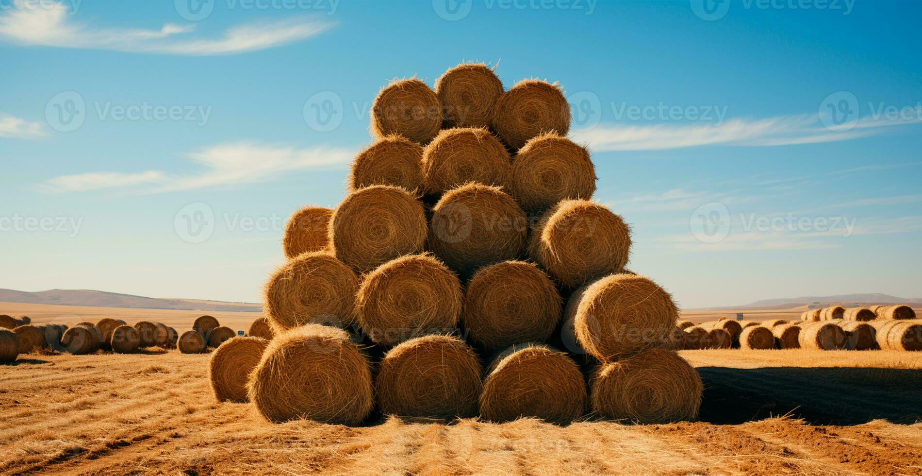 Freshly cut hay in rolls lying in a field - AI generated image photo