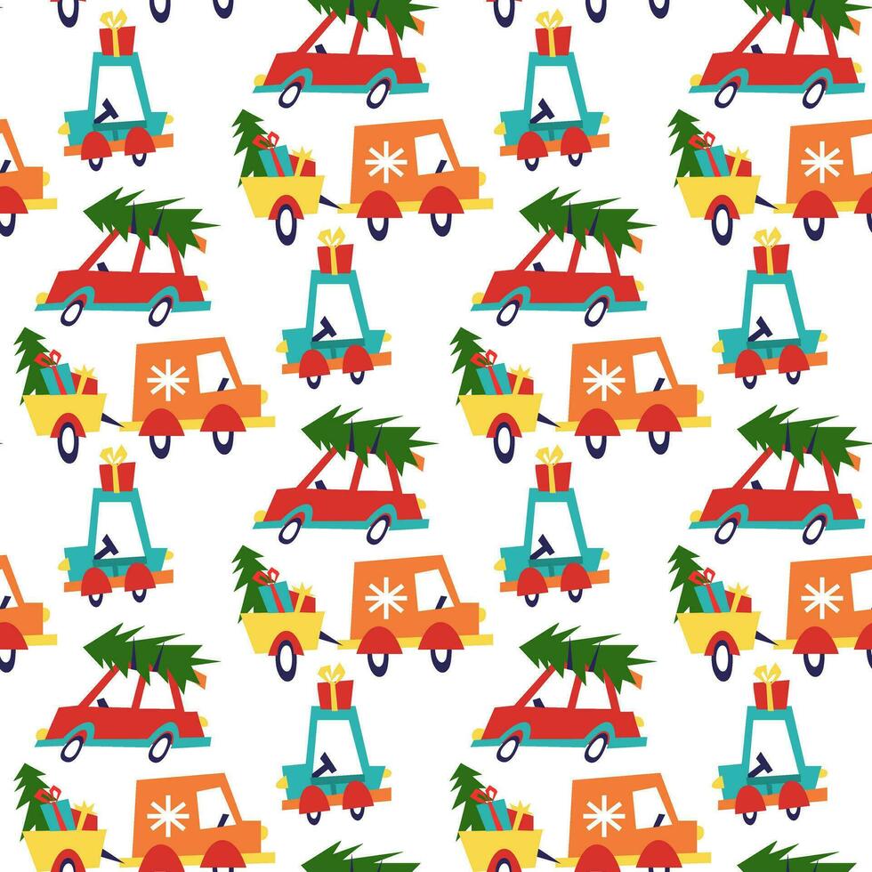 Seamless Christmas pattern with cars carrying Christmas tree and gifts. Multicolored geometric cars on a white. It can be used in the textile industry, paper production, background, scrapbooking. vector
