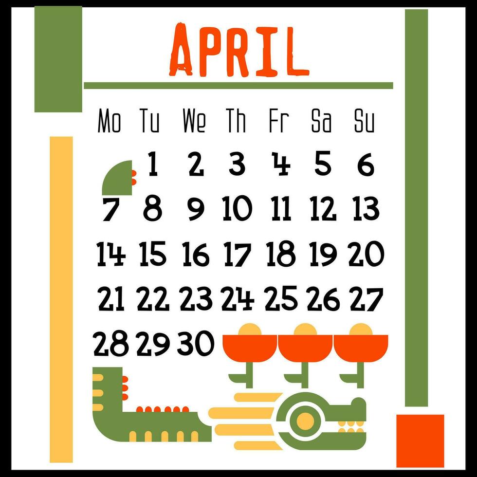 Square calendar page for April 2024 with a green geometric dragon. Isolated on a white background. The symbol of the year of the dragon. The dragon rejoices in the flowers. Vector illustration. Colour