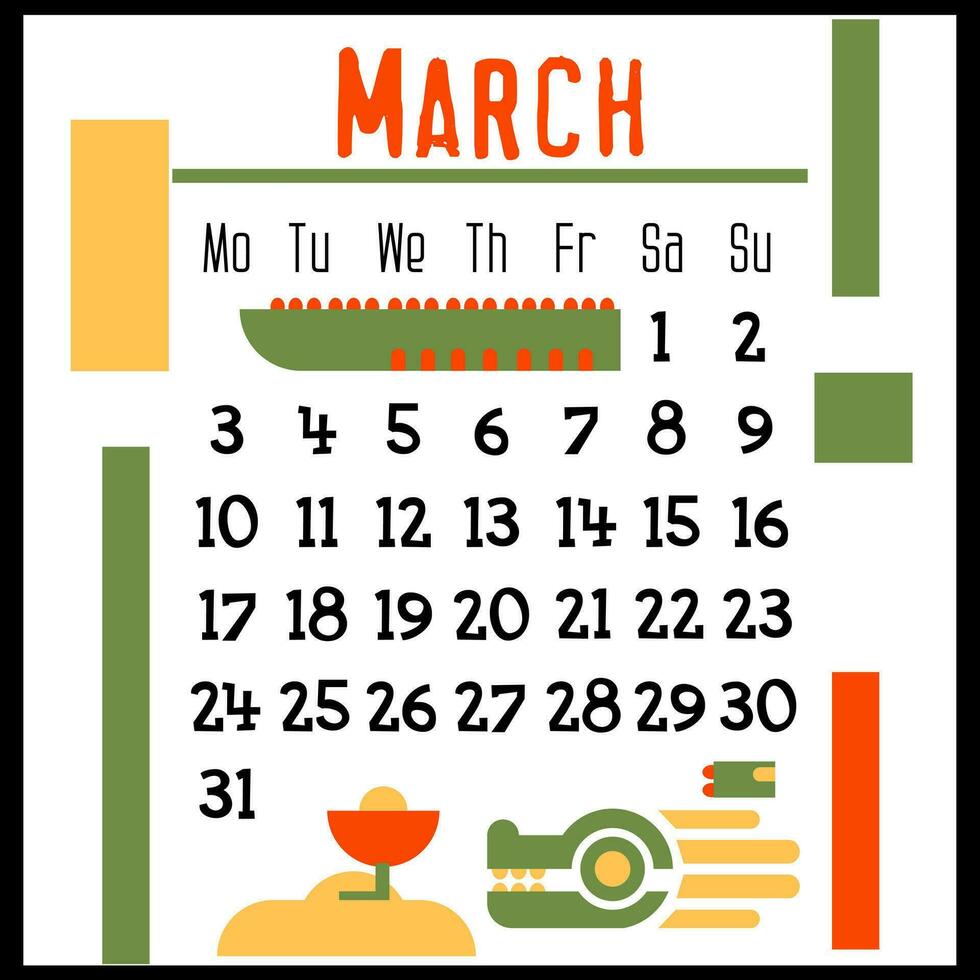 un cuadrado calendario página para marzo 2024 con un verde geométrico continuar. aislado en un blanco antecedentes. el símbolo de el año de el continuar. el continuar olfatea el campanilla de febrero. vector ilustración. color