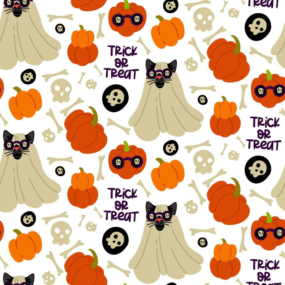 Pattern of a cat in a sheet and glasses for Halloween on a white background. A black cat with glasses with a skull pattern. Flat vector illustration with pumpkins. Text trick or treat. Bones and skull