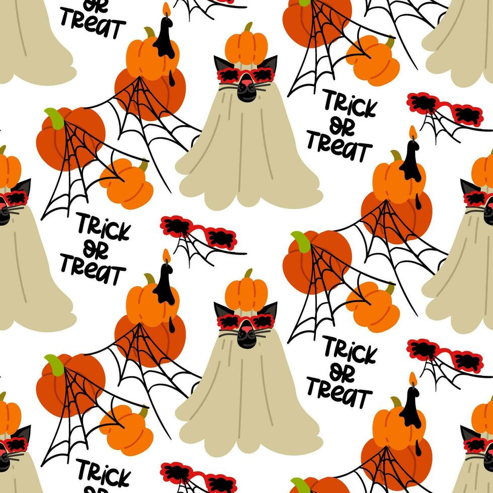 Pattern of a black cat in a Halloween sheet with a pumpkin on its head and on a white background. A black cat with glasses in the shape of a spider, pumpkins in a web. Flat vector Text trick or treat