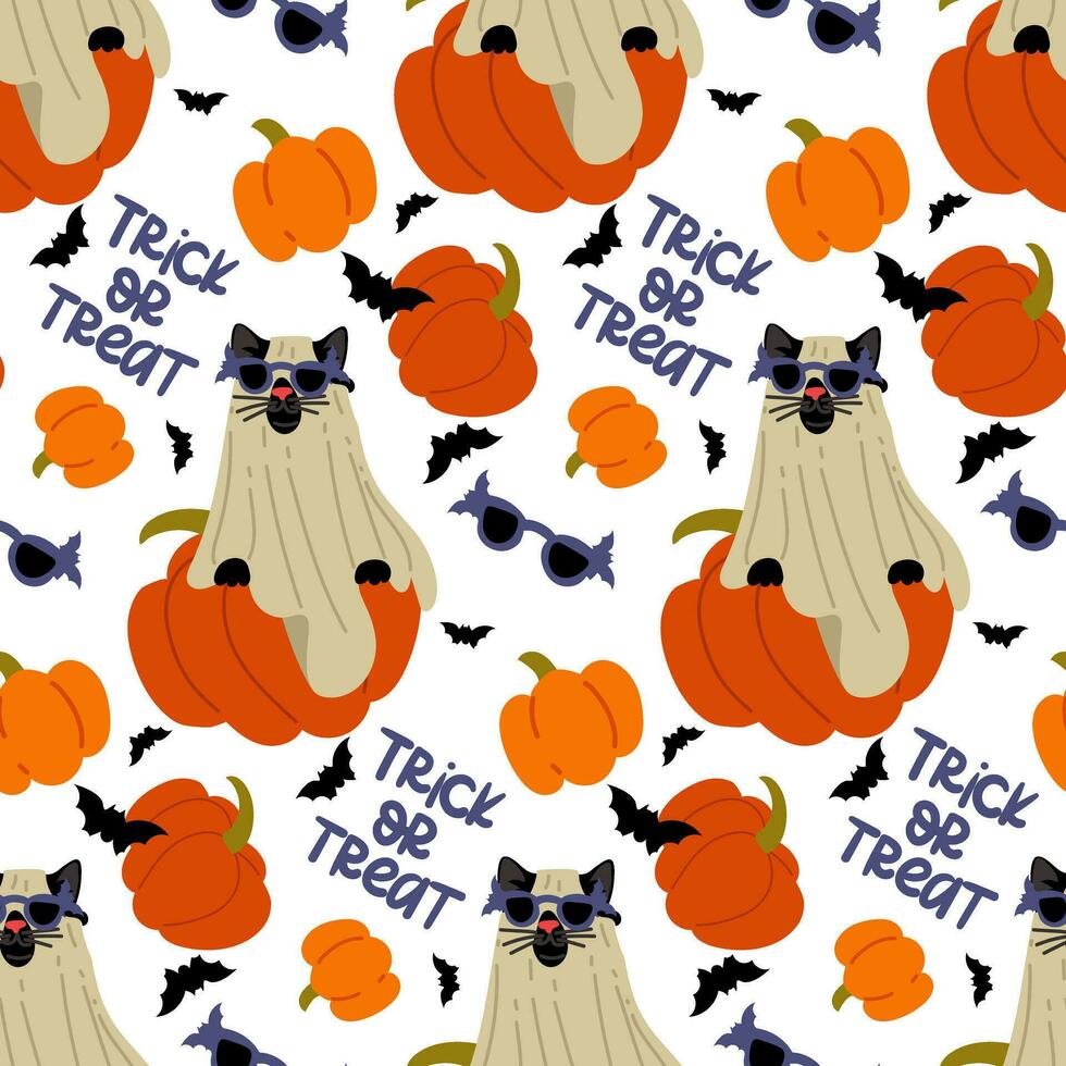 The pattern of a cat in a sheet and glasses for Halloween is depicted on a pumpkin on a white. A black cat with blue glasses and bats and pumpkins. Flat vector illustration. Text trick or treat