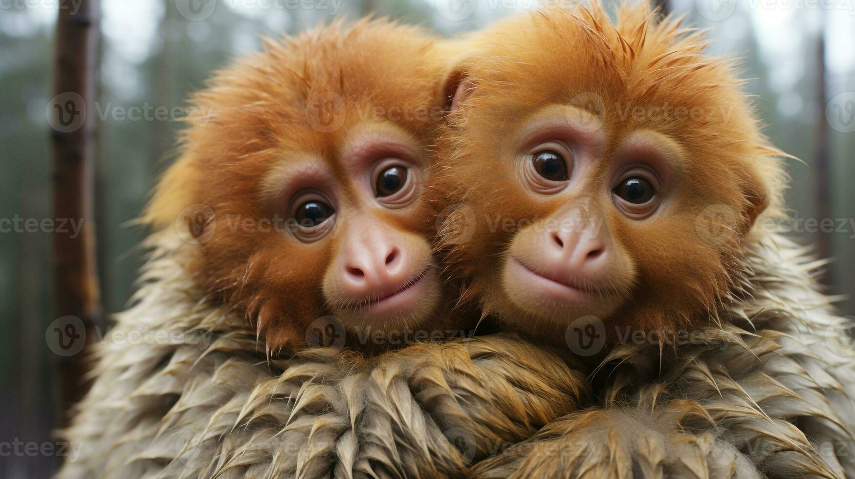 photo of heart-melting two Uakari with an emphasis on expression of love. Generative AI