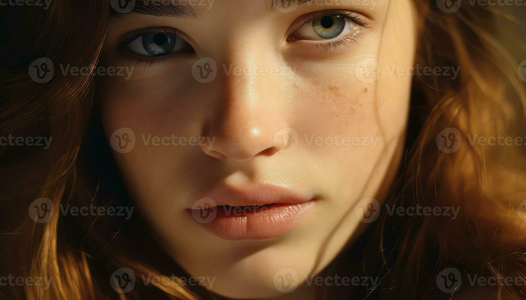 Young Girl in Close-Up Stare, Intense Gaze AI generated photo