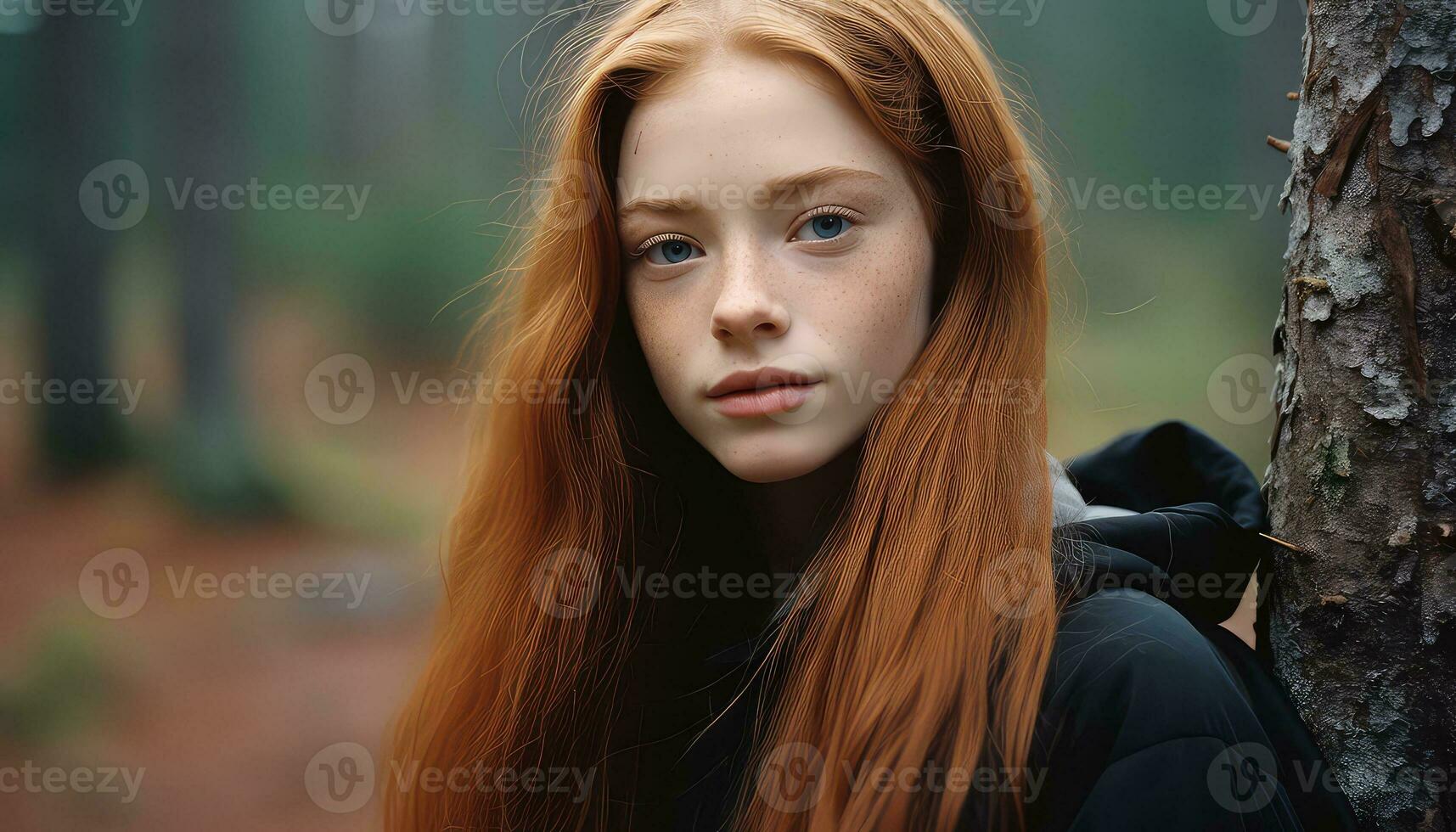 Intense Young Girl's Gaze in Close-Up View AI generated photo