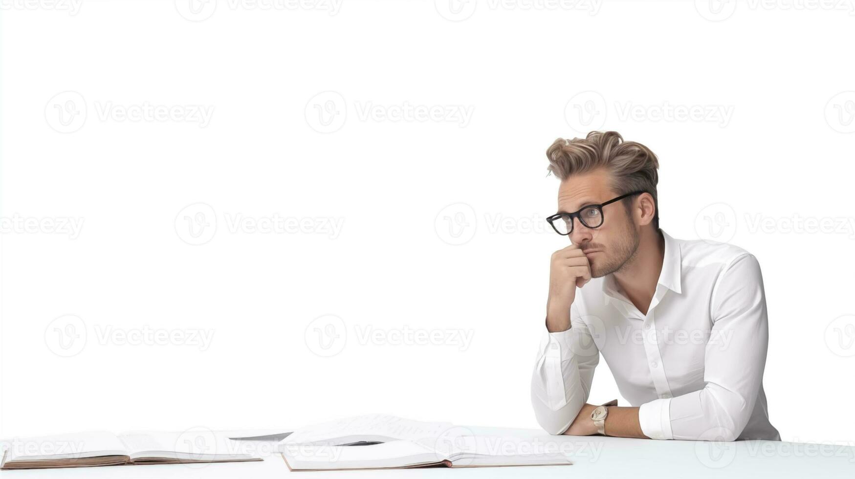 A German male architect looks to the left in a thinking pose AI generated photo