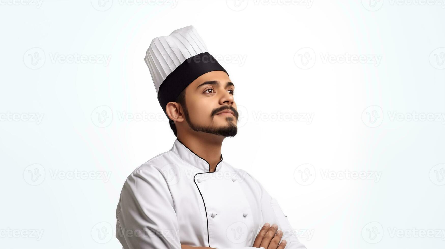 un mexicano masculino cocinero mira a el izquierda en un pensando actitud ai generado foto