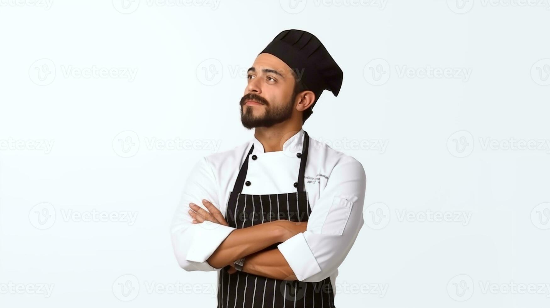 un mexicano masculino cocinero mira a el izquierda en un pensando actitud ai generado foto