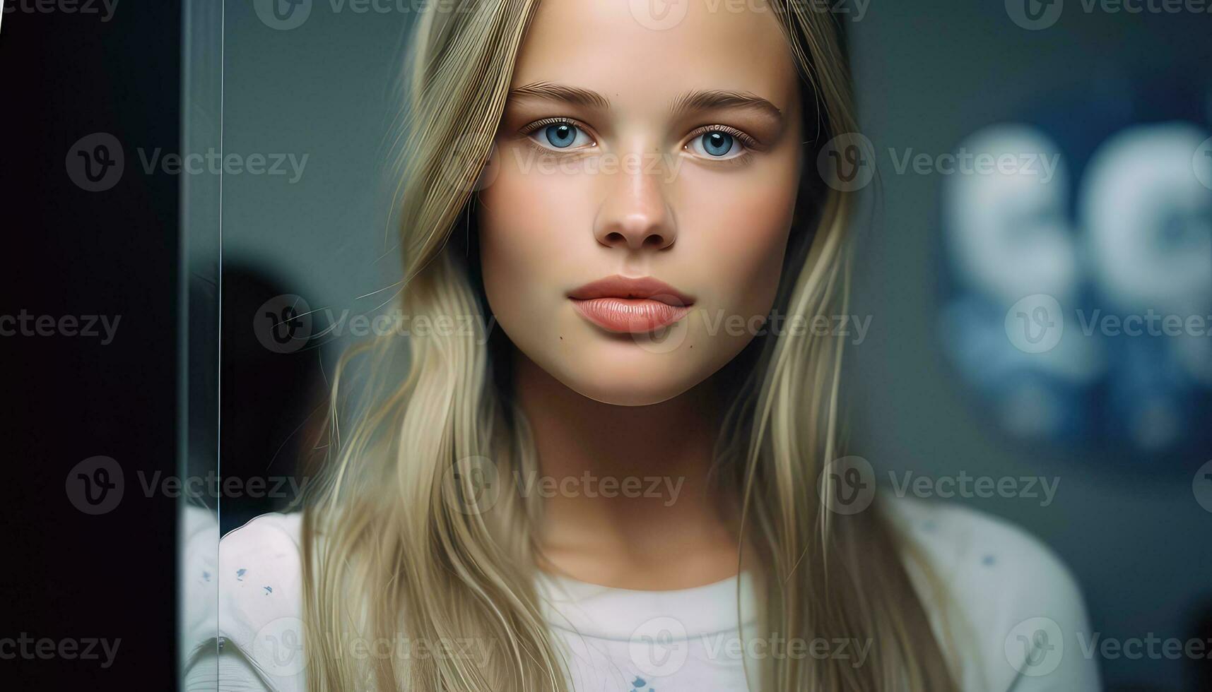 Intense Young Girl's Gaze in Close-Up View AI generated photo