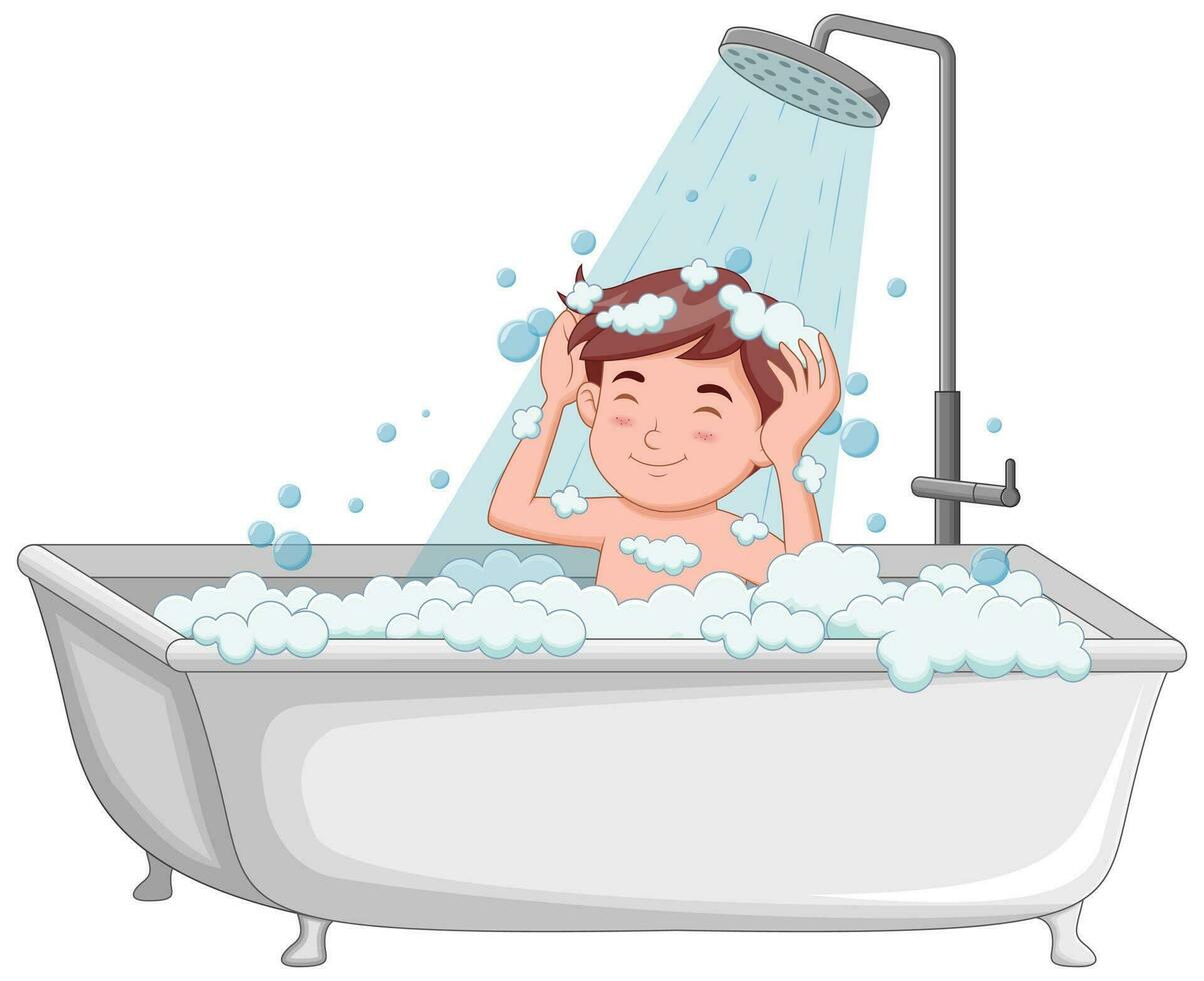Little boy take a bath in the bathtub. Vector illustration