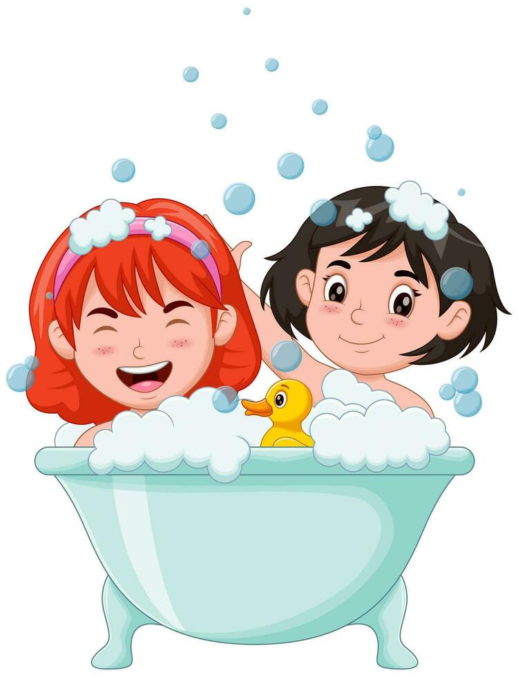 Little girls take a bath in the bathtub. Vector illustration