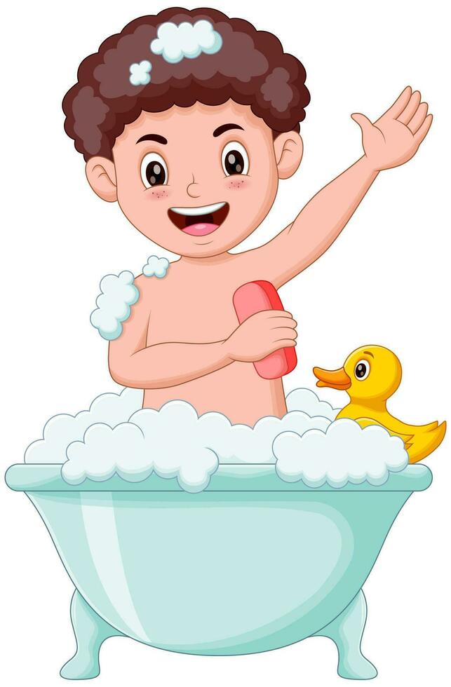 Happy boy take a bath in the bathtub. Vector illustration