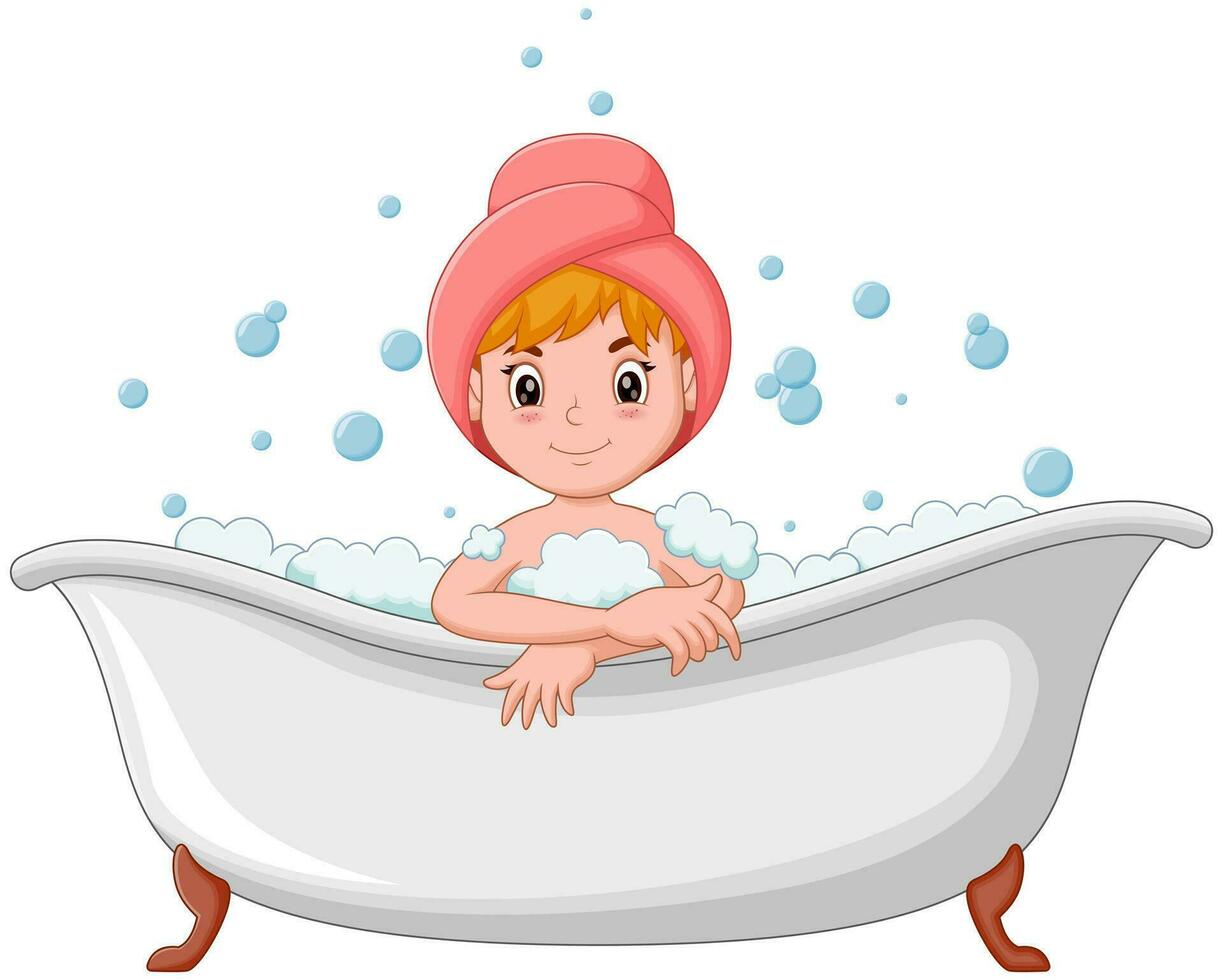 Happy girl take a bath in the bathtub. Vector illustration