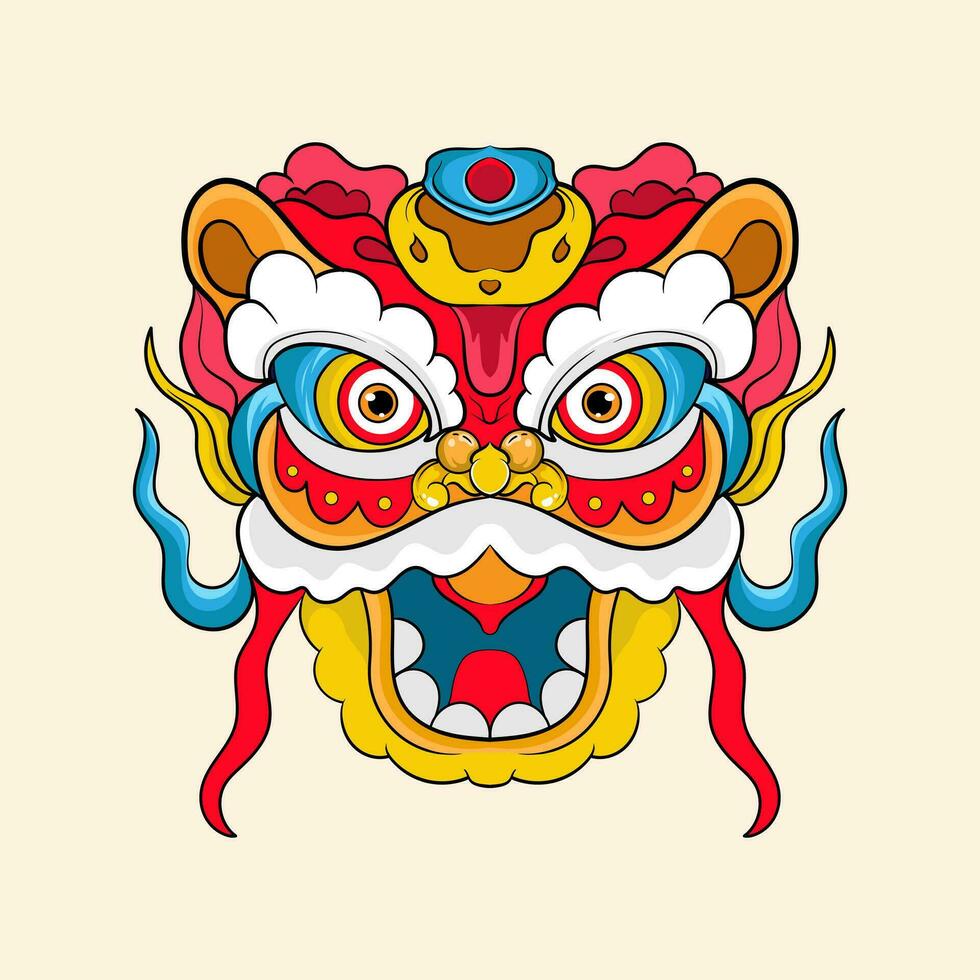 Chinese lion dance head, China Lunar New Year dragon mask. Traditional asian character, costume for holiday celebration, cartoon design element isolated on white background vector