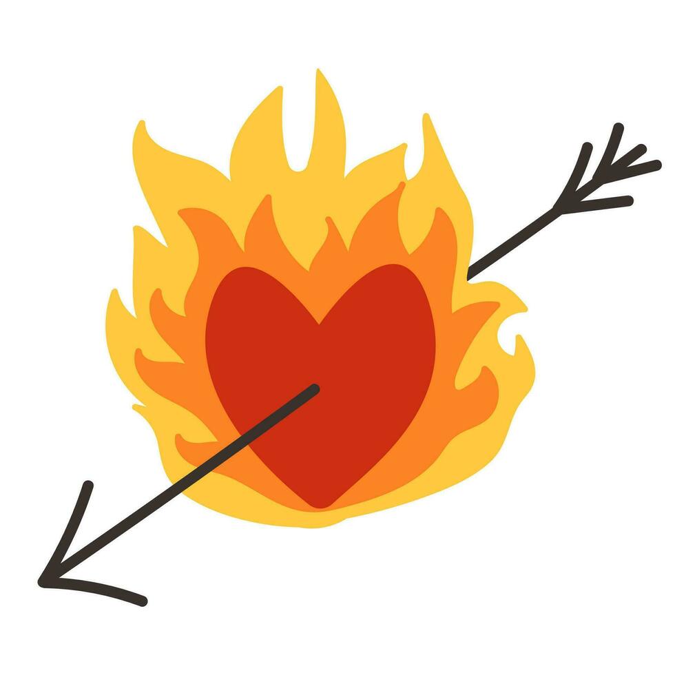 A heart on fire pierced by an arrow. flat cartoon style. vector design
