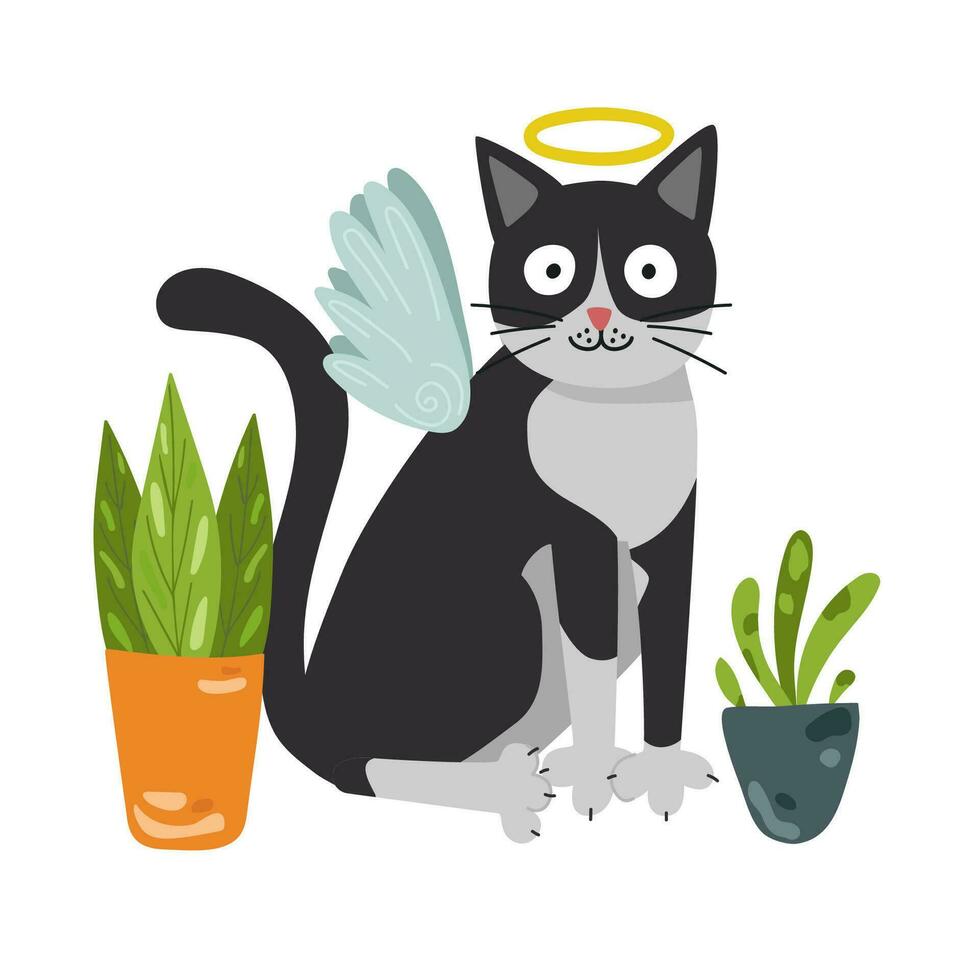 linda gato ángel entre flores vector diseño en blanco antecedentes