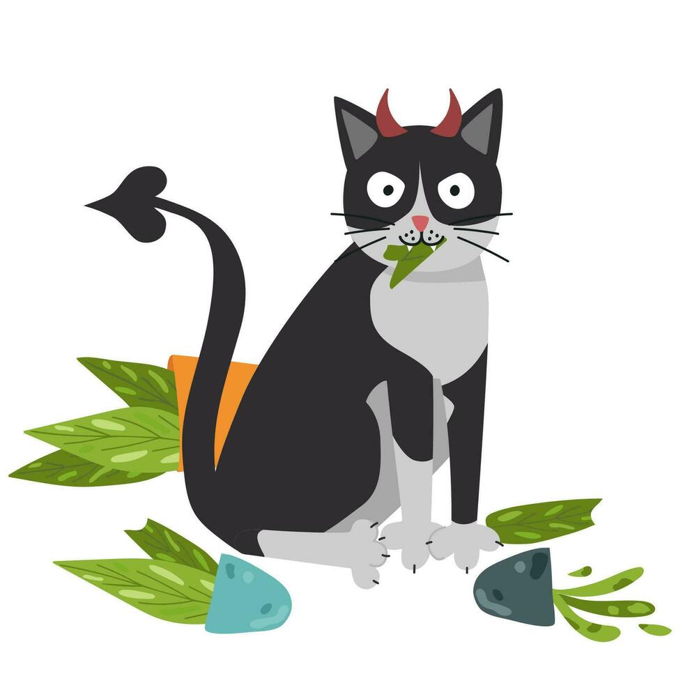 el demonio gato rompió el flores vector diseño en blanco antecedentes