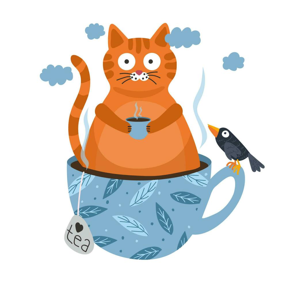 gato y café. un gato rojo se sienta en una taza de té y sostiene una taza de café en su pata. ilustración divertida con un gato. ilustración vectorial vector