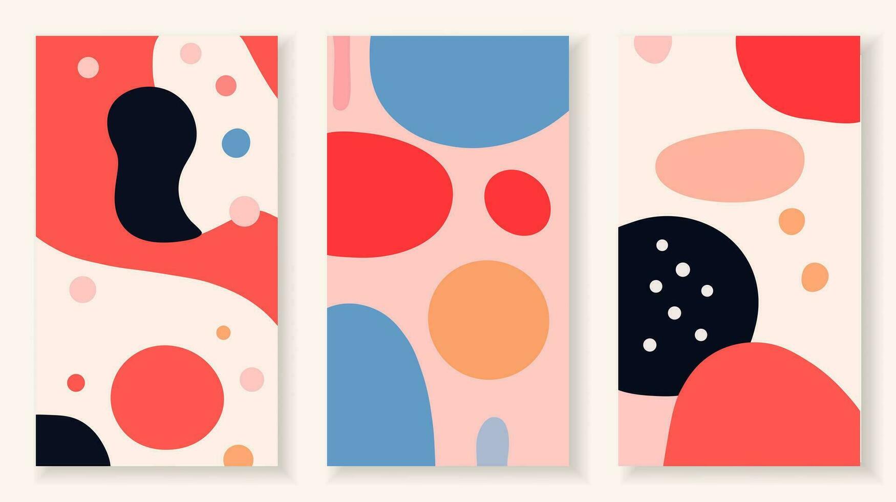 Set doodle pattern backgrounds with abstract organic shapes and blobs. Hand drawn colorful artwork panels in red, black, blue and beige colors. Vertical banner templates for social media, blogging vector