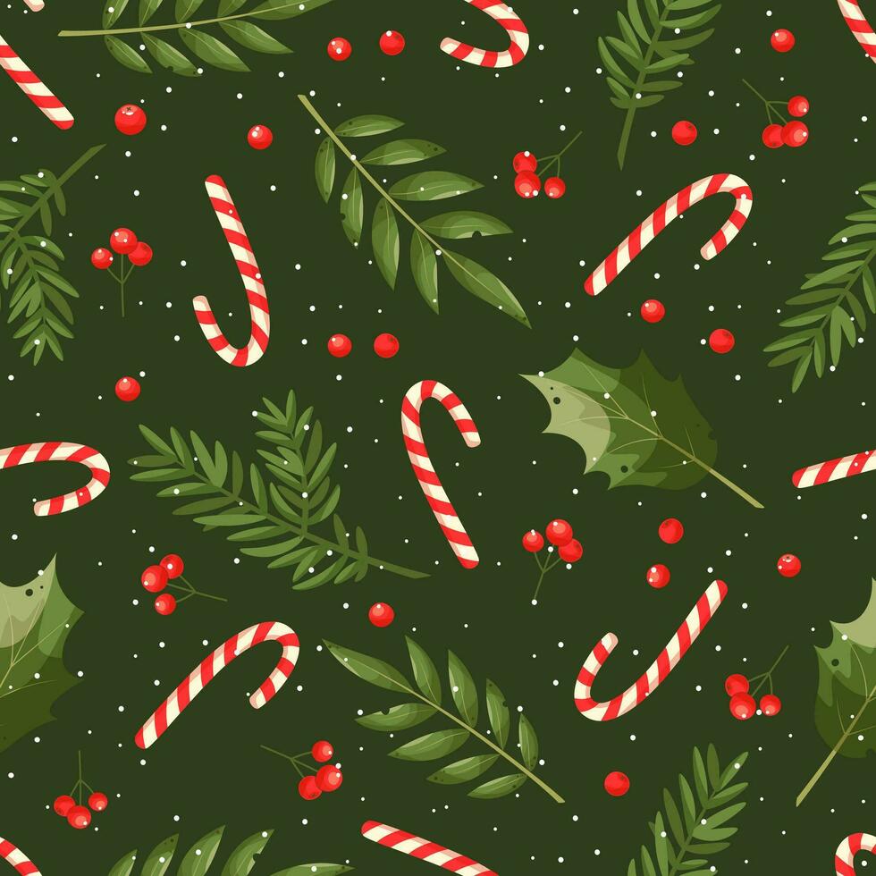 Seamless vector pattern of Christmas decorations, fir branches, candy canes, holly leaves and berries, snowflakes. Decorative New Year pattern for holiday packaging, wrapping paper, textiles.