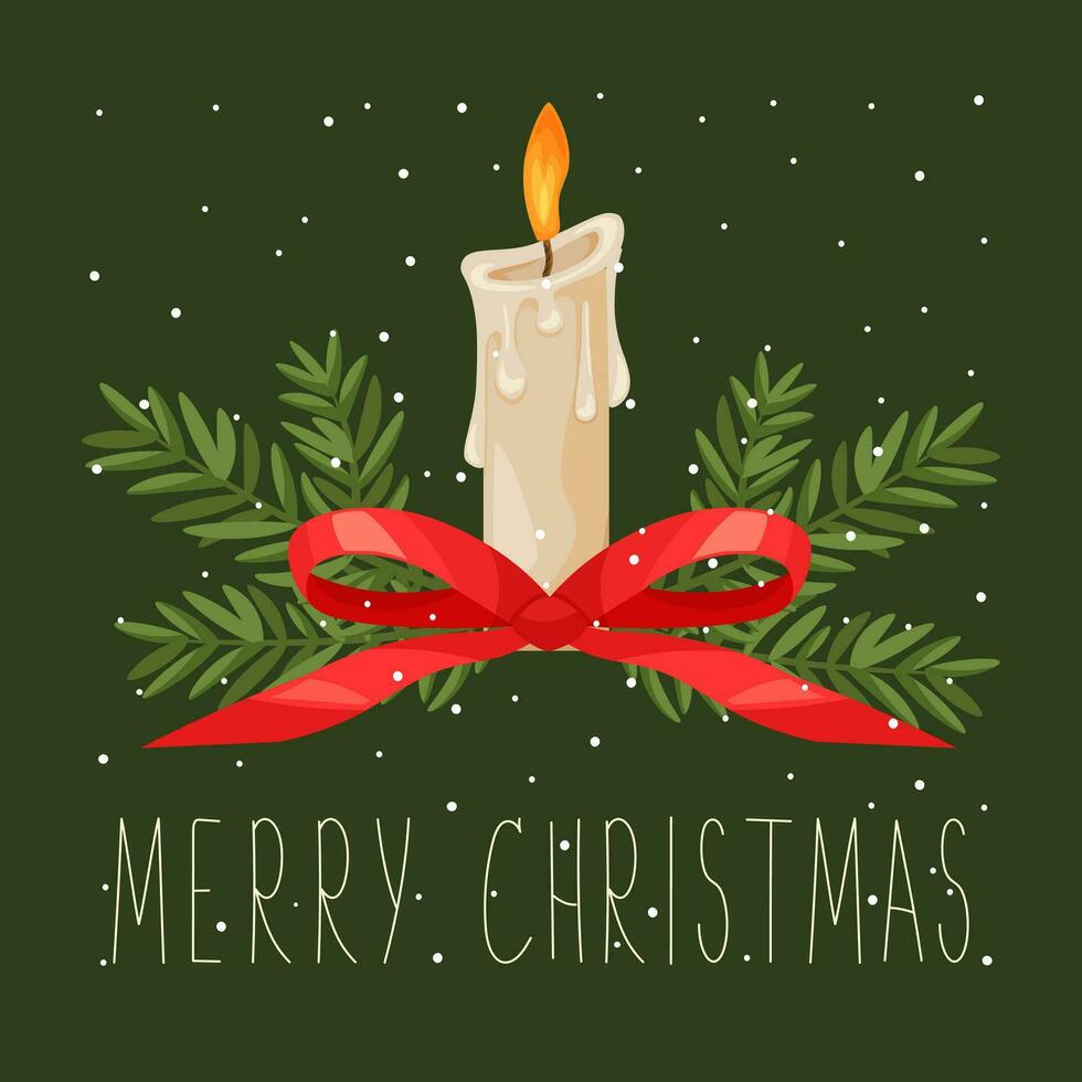 Christmas card with a candle decorated with fir branches, red ribbon, snowflakes on a green background. Vector flat illustration with Merry Christmas lettering. New Year greeting card, banner.