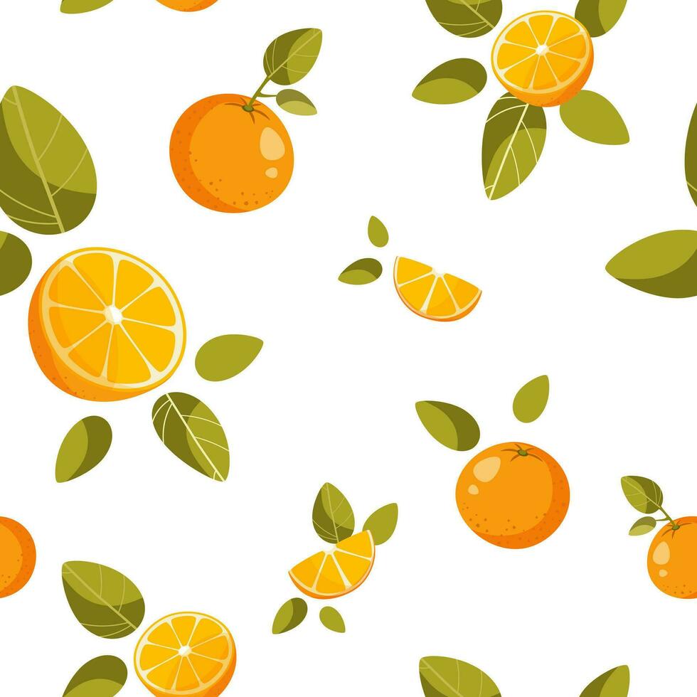 Seamless pattern,whole oranges, halves and orange slices, with green leaves on a white background. Abstract fruit background. Ideal for textile production, wallpaper, posters, etc. Vector illustration