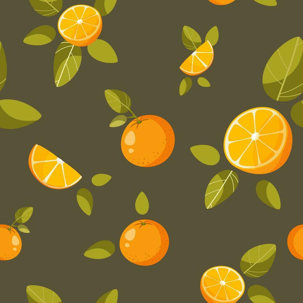 sin costura patrón, todo naranjas, mitades y naranja rebanadas, con verde hojas en un oscuro antecedentes. resumen Fruta antecedentes. ideal para textil producción, fondo de pantalla, carteles, etc. vector ilustración