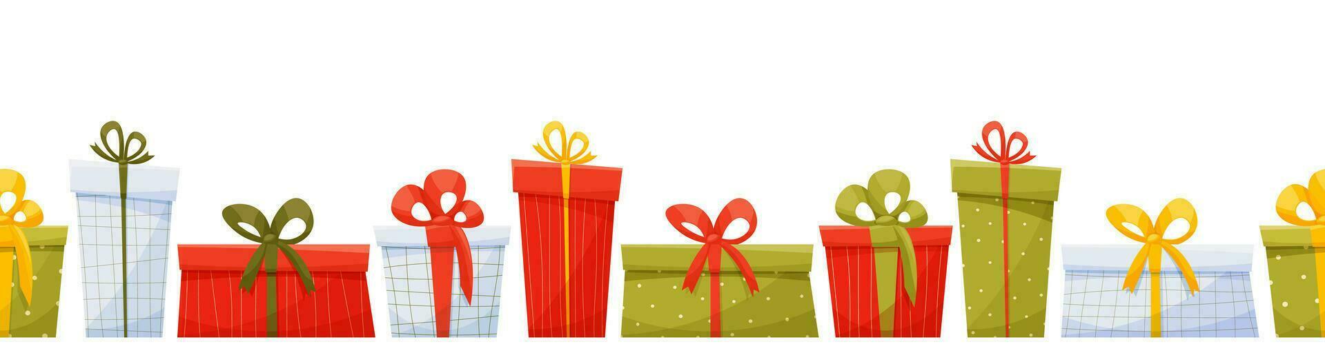 Seamless border of colorful gift boxes. Flat style design concept in trendy colors for card, cover, app, web, wrapping paper. Gifts for Christmas, Valentine's Day, wedding, new year, birthday. vector