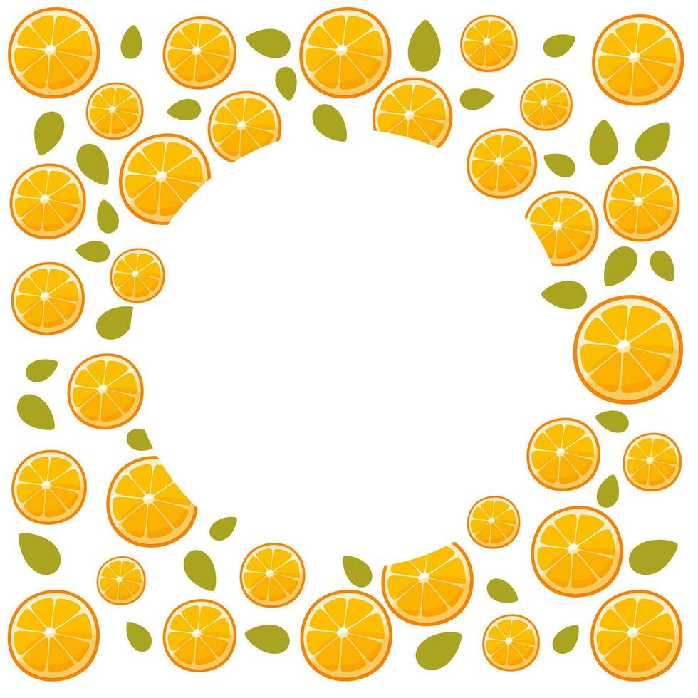 Frame of round identical orange slices with leaves on an white background. A circle of empty space for text in the middle. Citrus background for orange products posters, cards. Vector illustration.