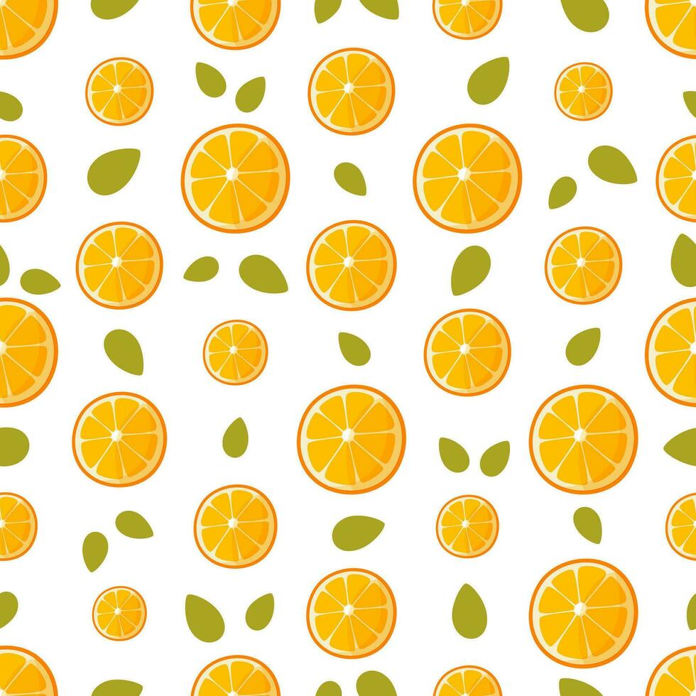 Seamless pattern of round orange slices with leaves on white. Fresh citrus background suitable for summer fabrics, wallpapers, orange products posters, New Year's wrapping paper. Vector illustration.