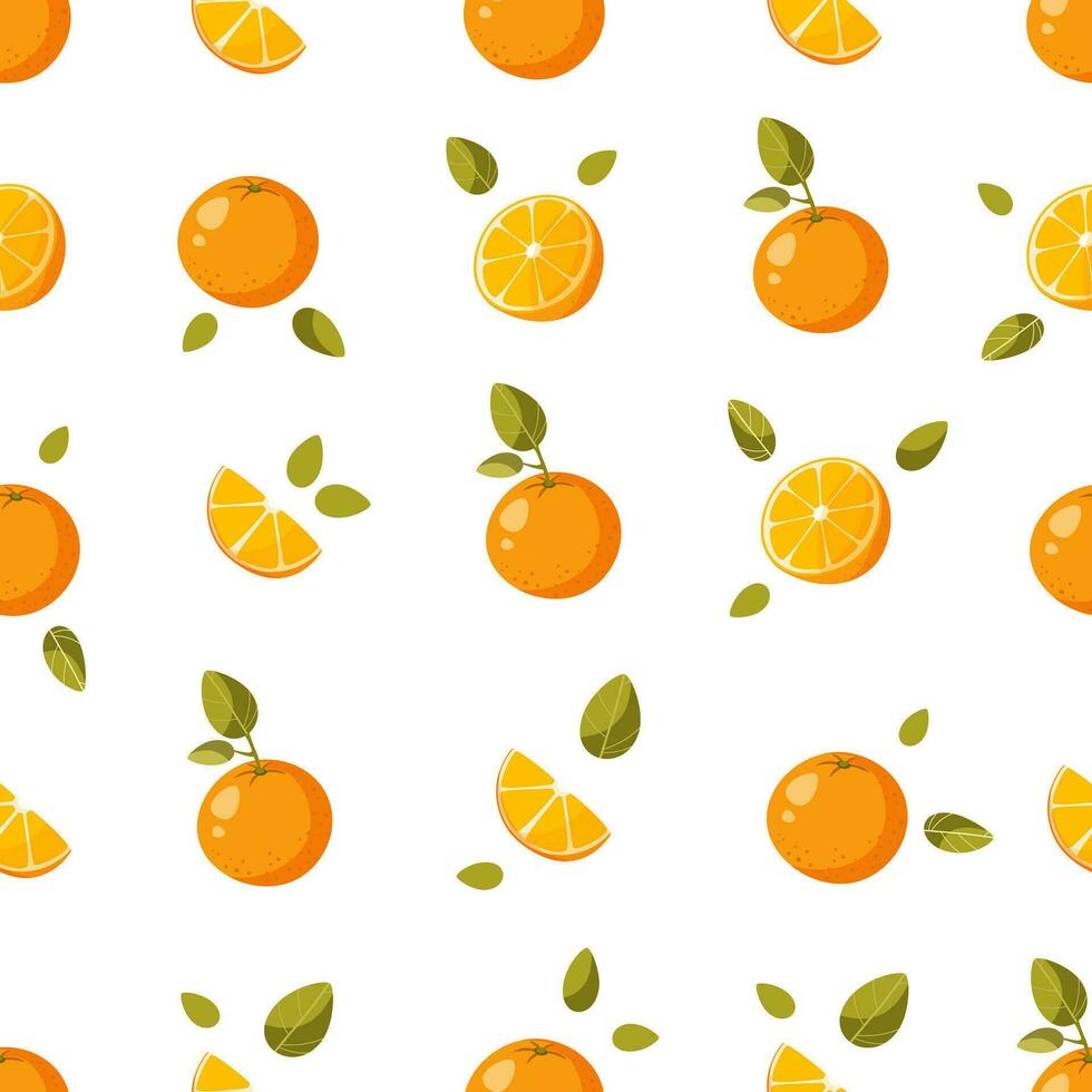 Seamless pattern, whole oranges, halves and orange slices, with green leaves on a white background. Fruit background. Ideal for textile production, wallpaper, posters, etc. Vector illustration