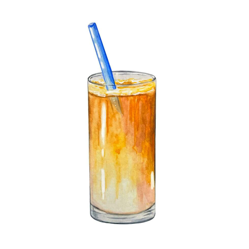 Hand drawn milkshake in a glass with a blue straw, watercolor vector