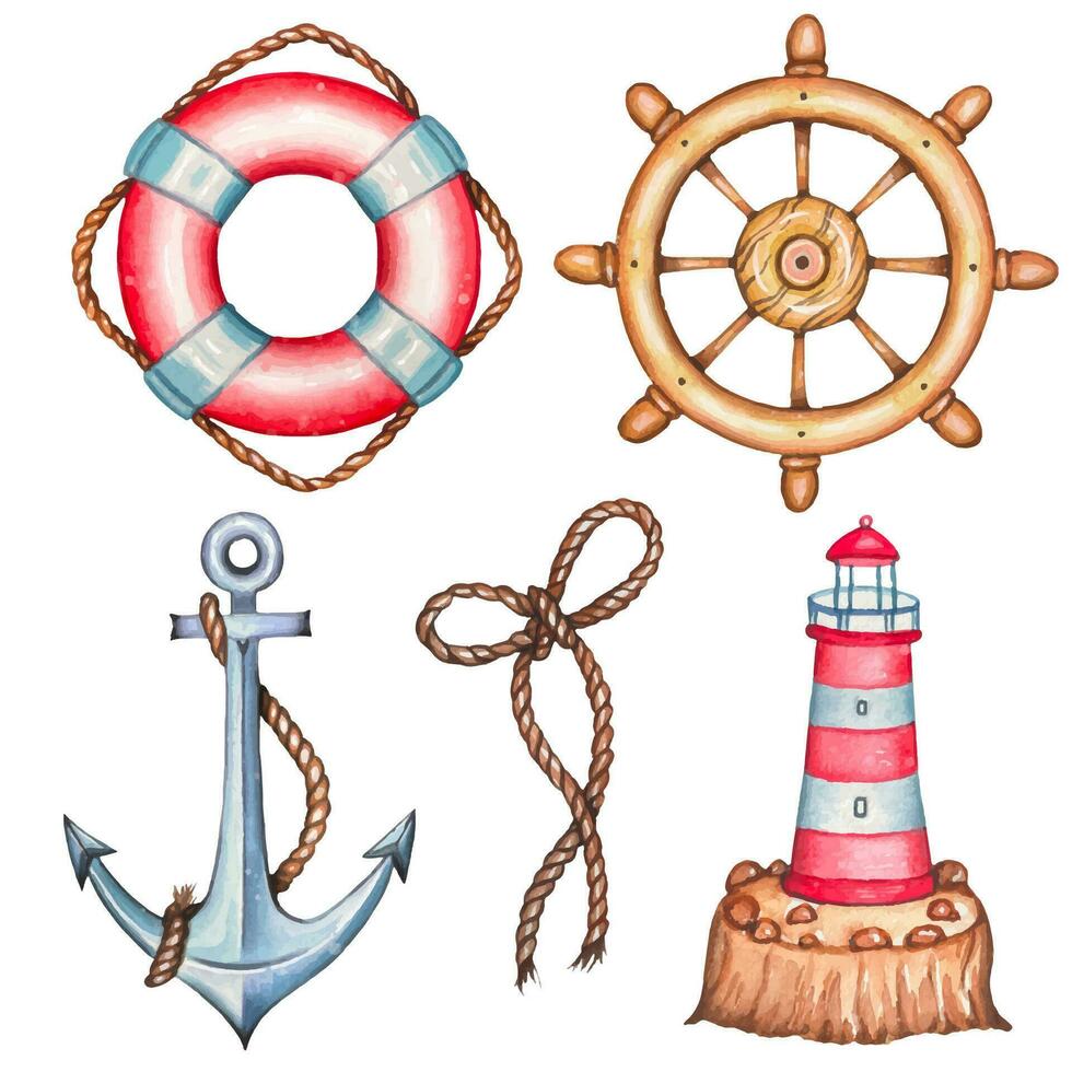 Marine set with lighthouse, helm, lifebuoy, ship anchors, rope. watercolor vector