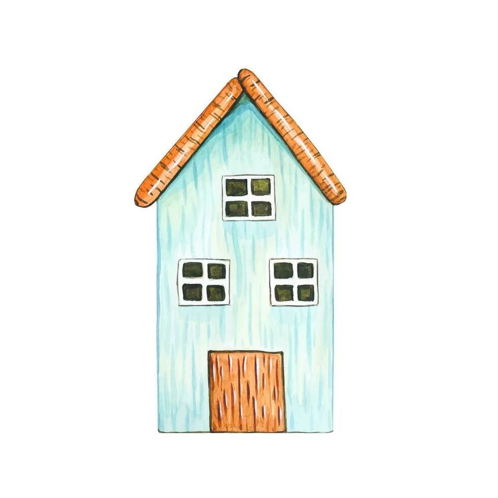 Simple decor in the form of a house, blue house for decoration, watercolor vector