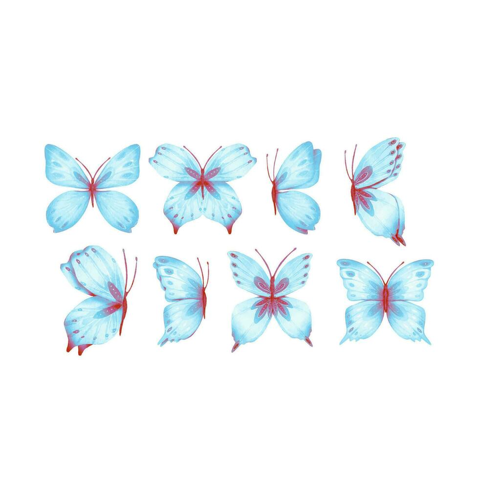 Set of abstract blue butterflies with beautiful wings vector