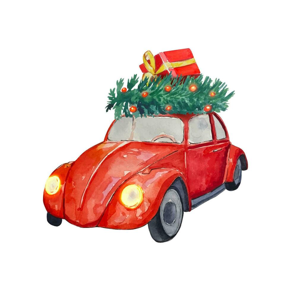 Watercolor Red Car with Christmas Tree vector