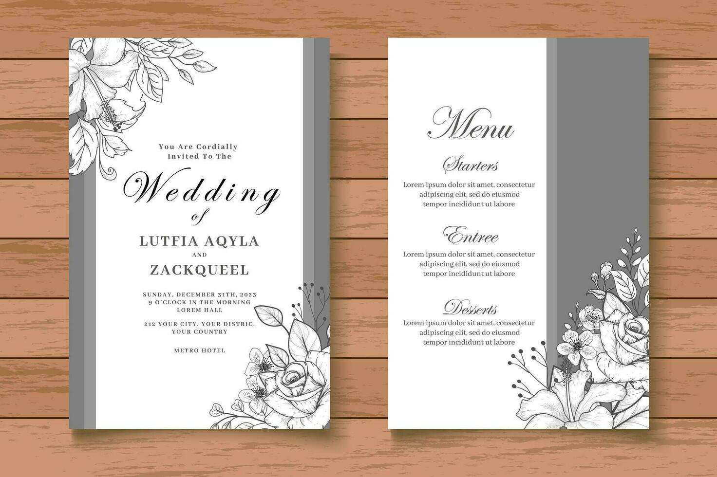 Hand drawn floral wedding invitation card set vector