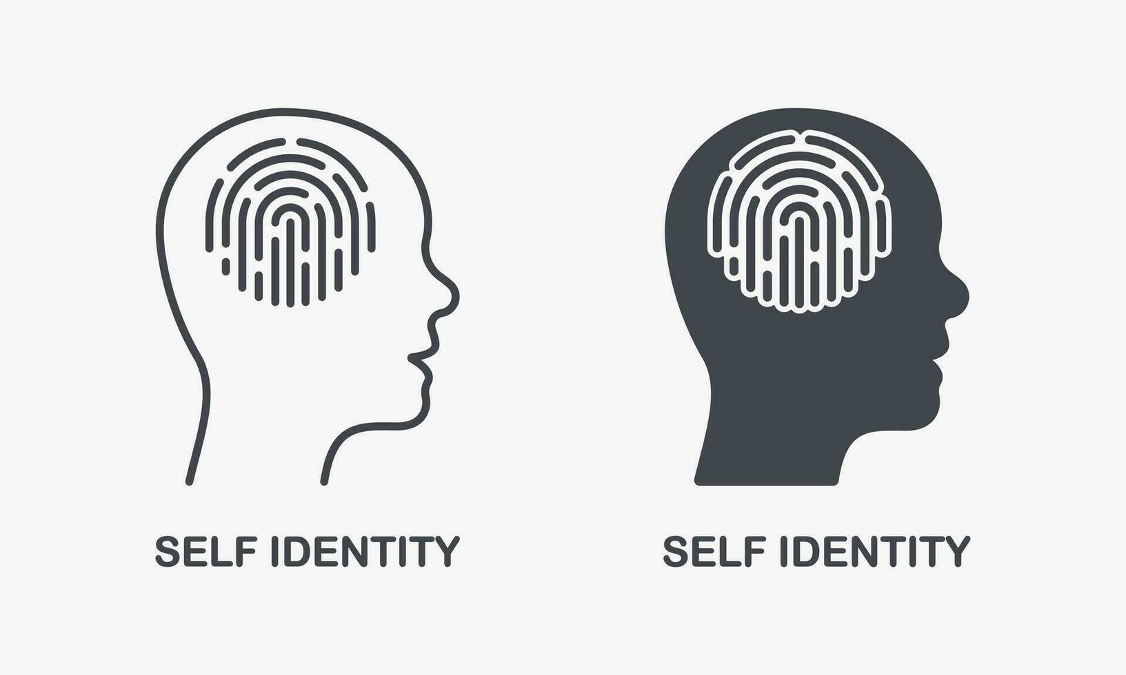 Mental Cognition Pictogram. Fingerprint in Human Head, Self Identity Silhouette and Line Icon Set. Person Identification Symbol Collection. Intellectual Process Sign. Isolated Vector Illustration.