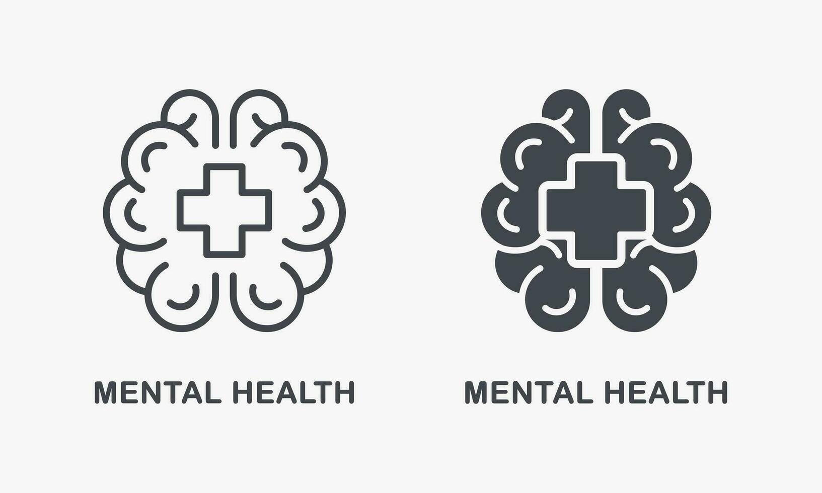 Human Brain with Cross Shape, Mental Health Silhouette and Line Icon Set. Medical Aid for Human with Psychological Disorder. Emotional Support Symbol Collection. Isolated Vector Illustration.