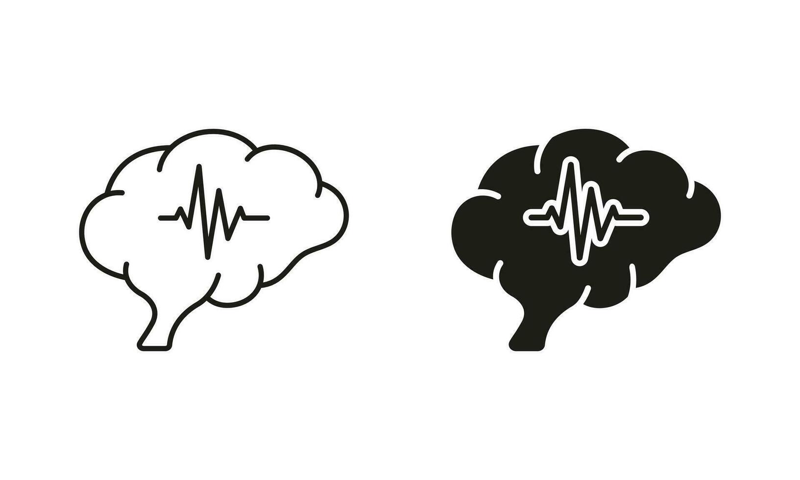 Brain Activity Diagnostic Black Symbol Collection on White Background. Human Brain with Wave Silhouette and Line Icons Set. Medical Neurology Science Pictogram. Isolated Vector Illustration.