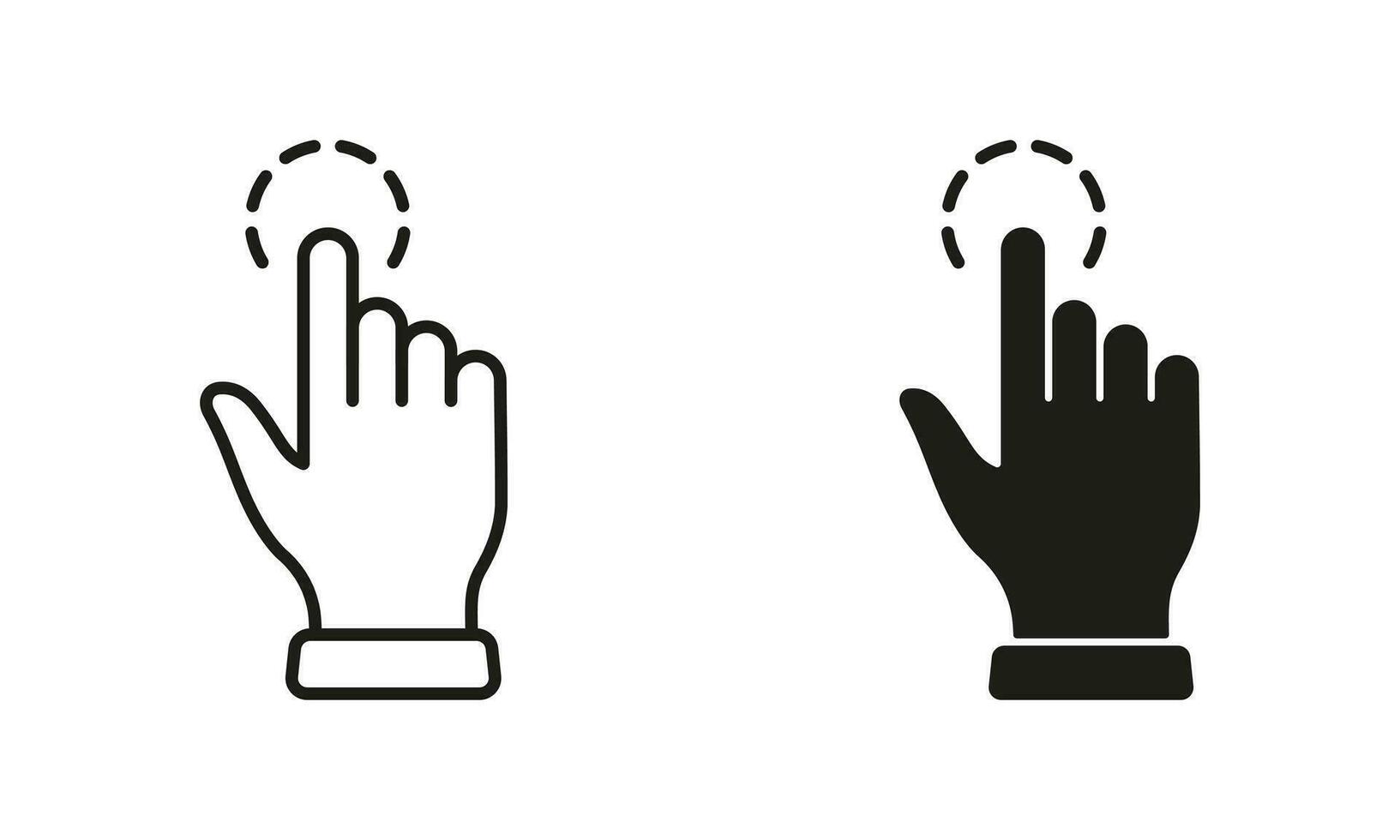 Touch Gesture, Hand Cursor for Computer Mouse Line and Silhouette Icon Set. Swipe, Click, Tap, Press, Point Sign Collection on White Background. Pointer Finger Pictogram. Isolated Vector Illustration.