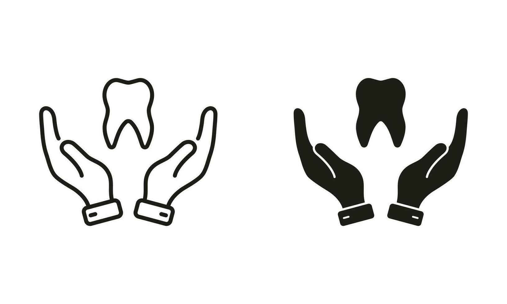 Dental Treatment Silhouette and Line Icons Set. Dentistry Black Symbol Collection. Dental Care, Stomatology Protection Sign. Tooth and Human Hand Pictogram. Isolated Vector Illustration.